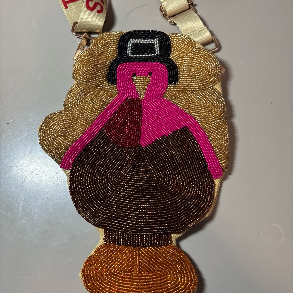 beaded turkey crossbody bag with a strap 10” Long